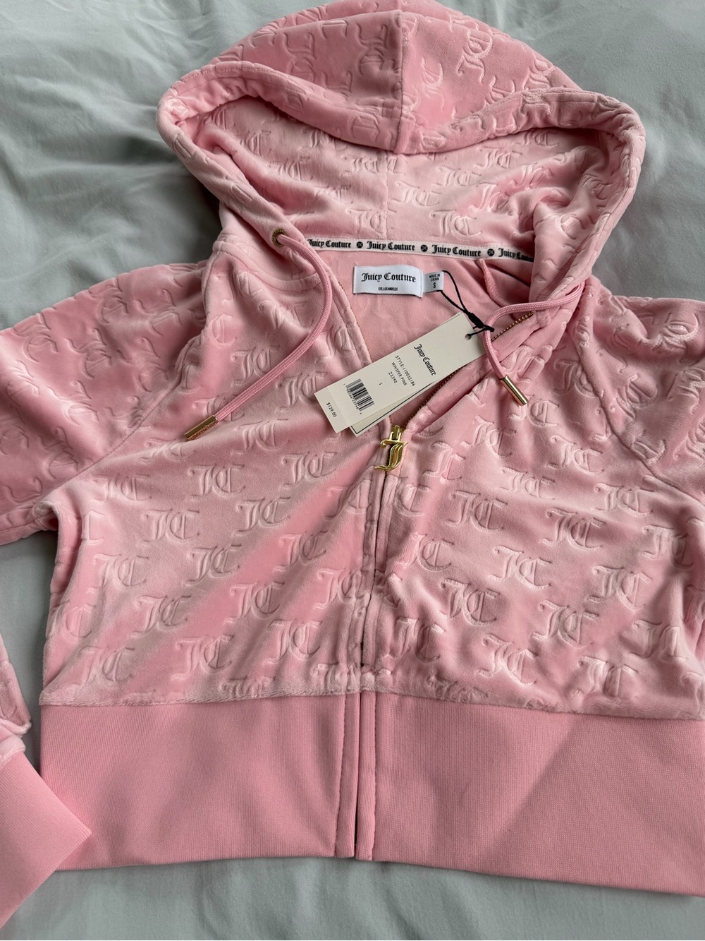 Juicy Couture Light Pink Embossed Velour Zip Hoodie with Gold Accents